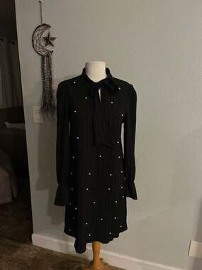 SHEIN Black Pearl Beaded Tie Neck Ribbed Long Sleeve Dress Size M (6)